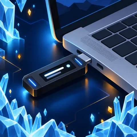 Иллюстрация: миниатюрное чёрное USB-C устройство с узким экраном и сенсорными панелями