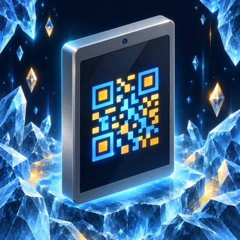 Иллюстрация: крупное металлическое устройство с сенсорным экраном и QR-кодом без портов