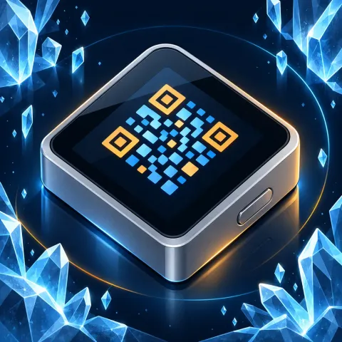 Иллюстрация: компактное металлическое устройство с сенсорным экраном и QR-кодом