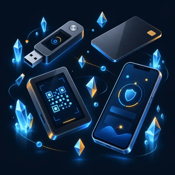 Аппаратные криптокошельки разных форматов: USB-устройство, карта и кошелёк с QR-подписью
