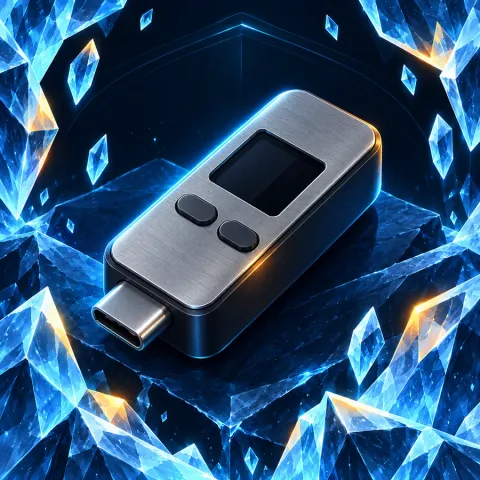 Иллюстрация: компактный USB-кошелёк в форме флешки с маленьким экраном и двумя кнопками