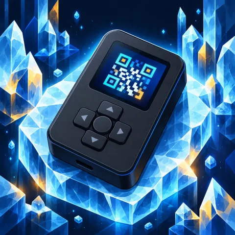 Иллюстрация: компактное устройство с цветным квадратным экраном и QR-кодом