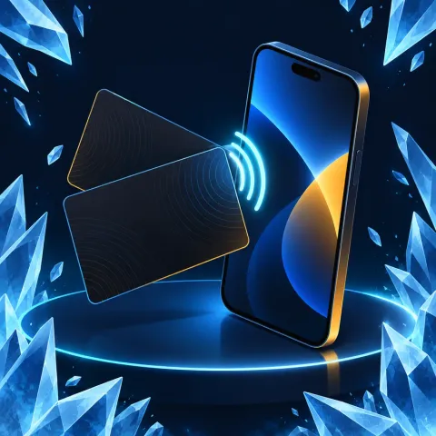 Иллюстрация: две чёрные NFC-карты Tangem и смартфон, касающийся карты